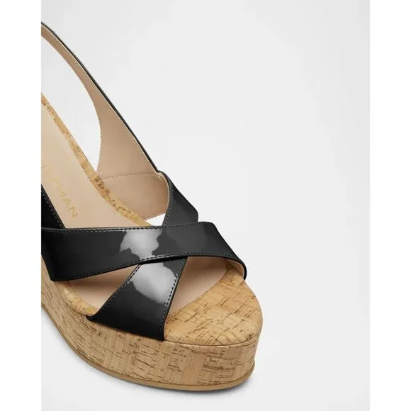 Stuart Weitzman Black Patent Leather Cork Platform Wedges - Picture 3 of 5